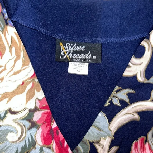 Vintage Silver Threads 1X Floral Vest Navy Made in USA Cottagecore - Picture 5 of 9